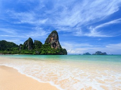 Chmury, Plaża Railay Beach, Drzewa, Prowincja Krabi, Skały, Morze Andamańskie, Tajlandia